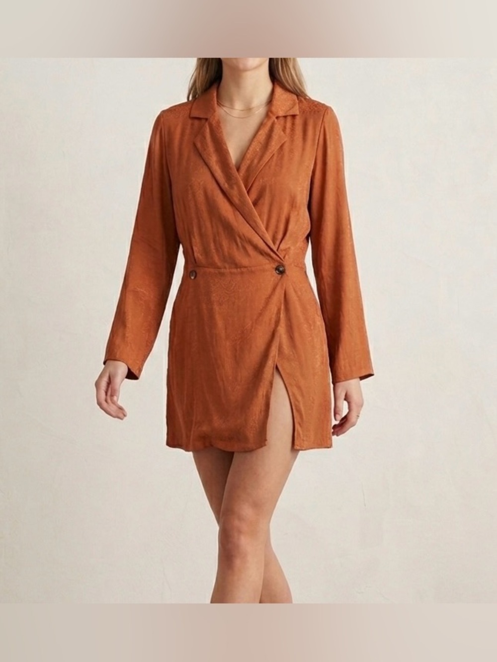 Free People Simone Wrap Mini Dress Cinnabar Rust Orange Notch Lapel V Neck SizeM